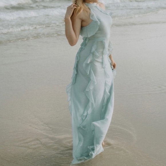 Lovers & Friends Light Blue Eden Ruffle Halter Neck High Neck Dress NWT XS - Picture 4 of 16
